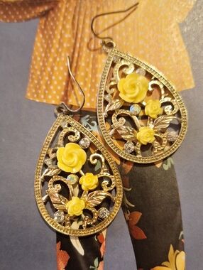 Vintage Gold Teardrop Earrings with Yellow Rose Accents